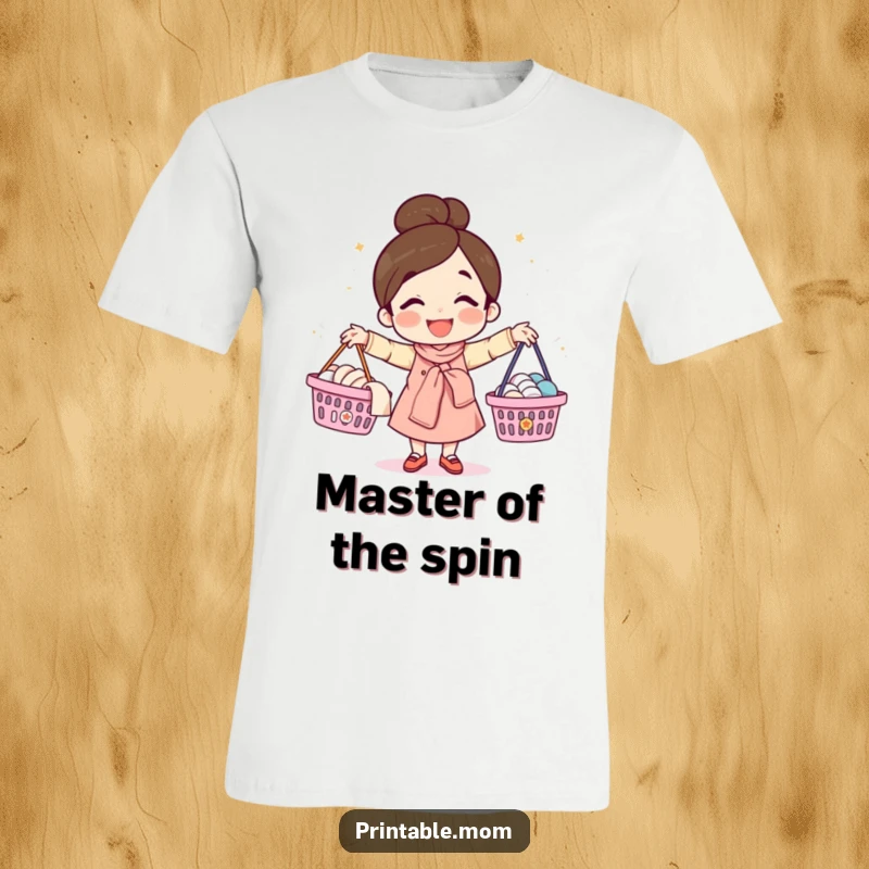 Funny t-shirt depicting a happy mom character in the act of juggling laundry baskets, a humorous take on household chores.