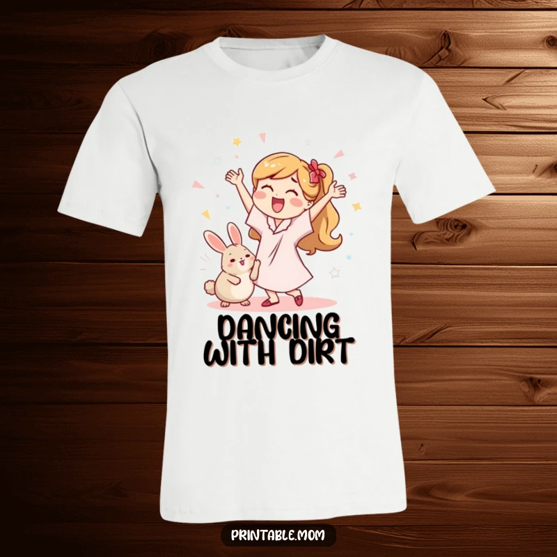 Funny t-shirt capturing a mom joyfully dancing with a dust bunny, celebrating cleaning achievements with humor.