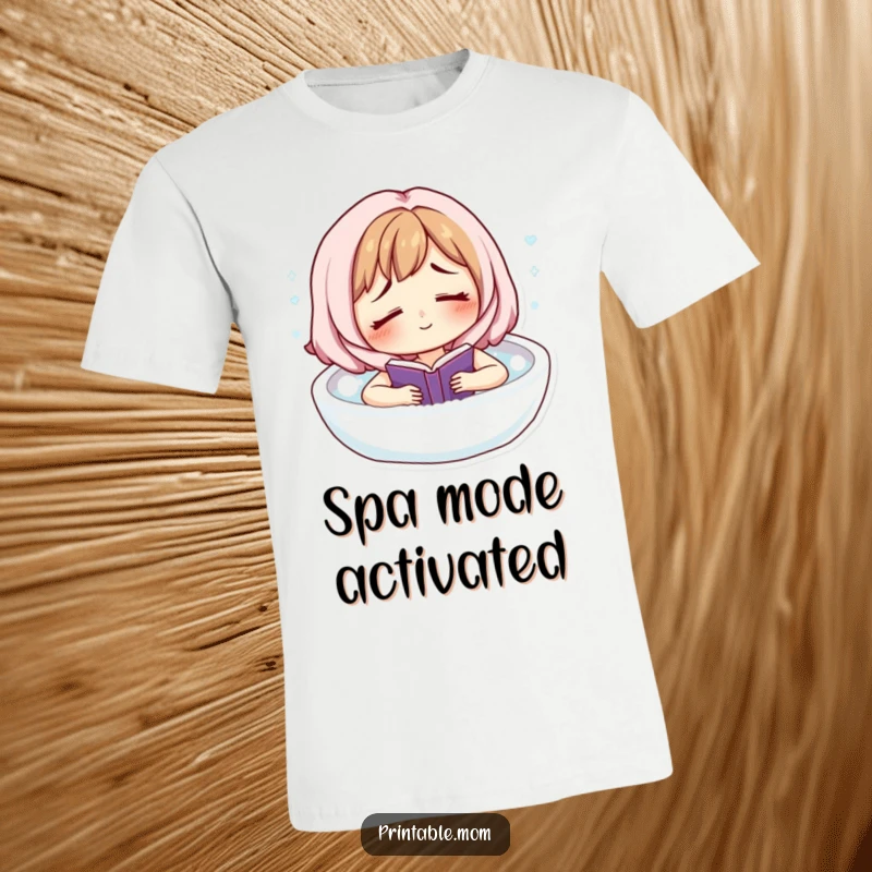 Funny t-shirt depicting a smiling, tired mom character floating serenely in a bubble bath, engrossed in a book.