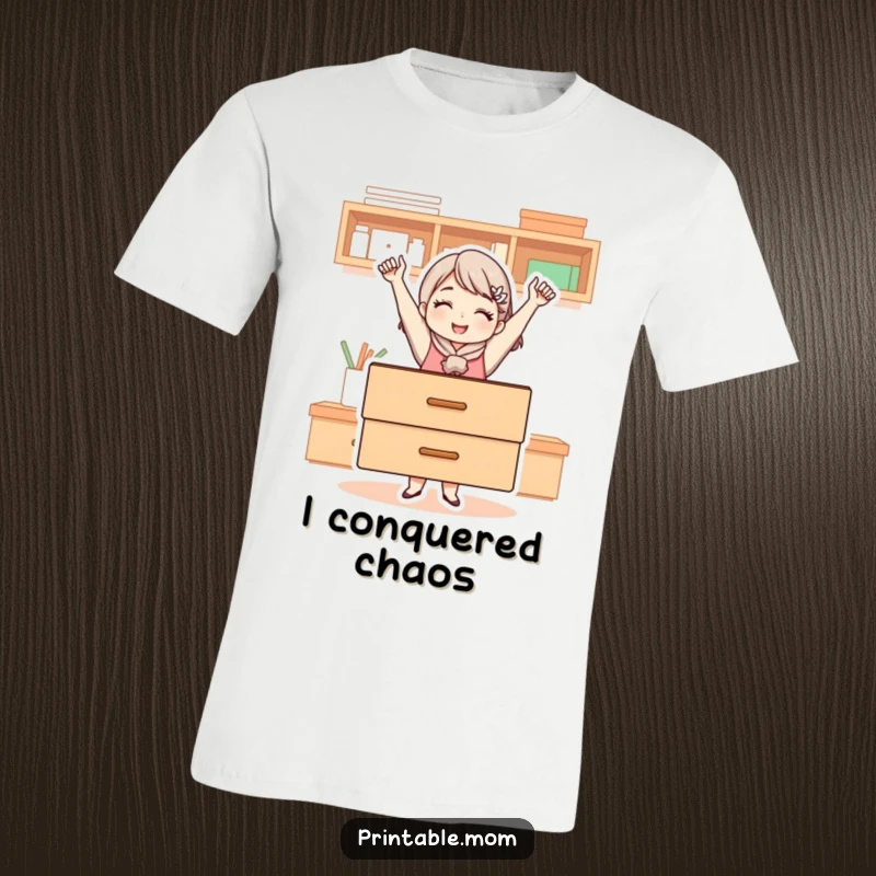 Funny t-shirt graphic of a victorious mom character holding open a perfectly sorted drawer, beaming with pride at her organizational achievement.