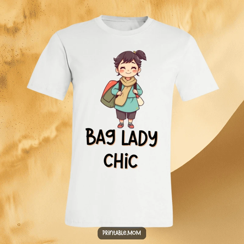 Funny t-shirt of a mom character determinedly balancing multiple shopping bags, highlighting her strength and multitasking ability, a great gift.