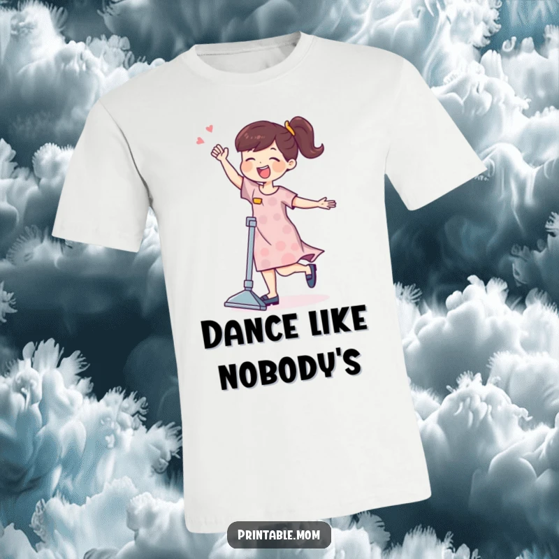 A funny mom character happily dances with a vacuum cleaner on this playful and humorous t-shirt.