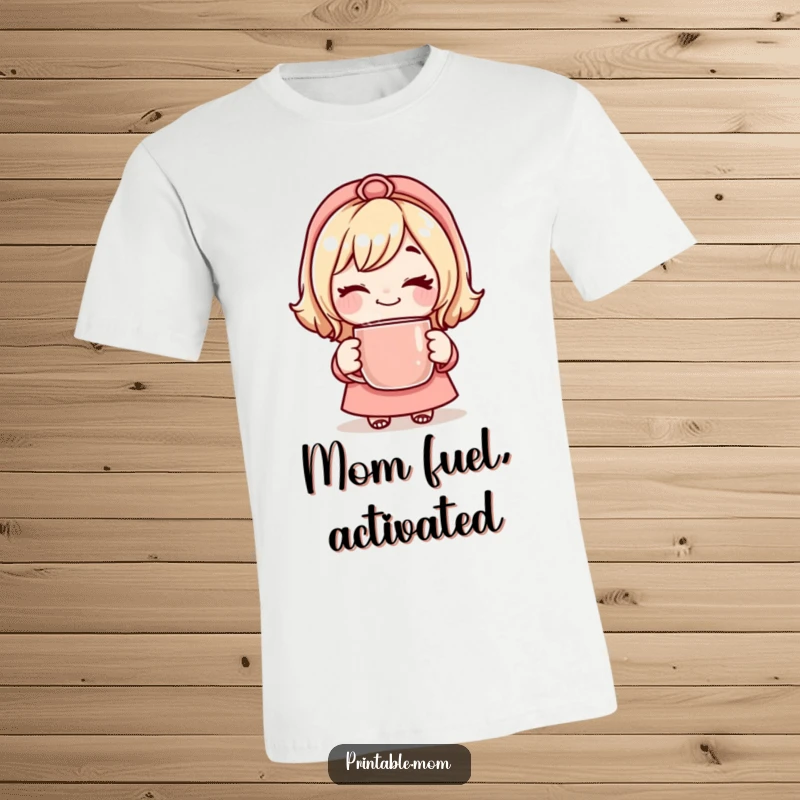 Funny Mom T-Shirt showcasing a mom character winking playfully while holding a warm, steaming mug.