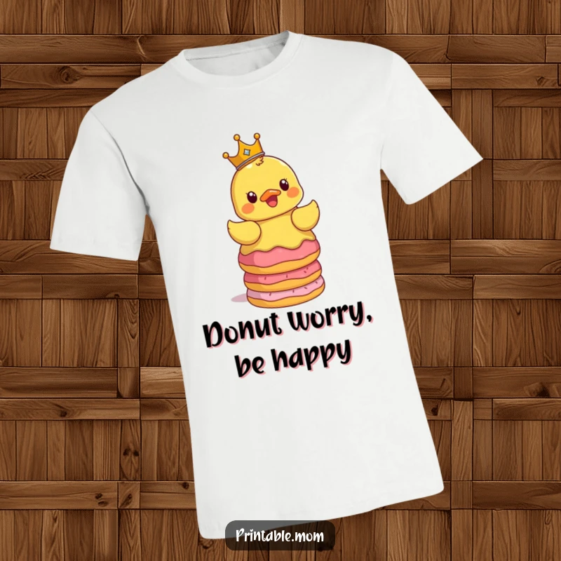 Funny T-shirt with a surprised rubber ducky wearing a small crown, balancing an impressive stack of donuts with intense focus.