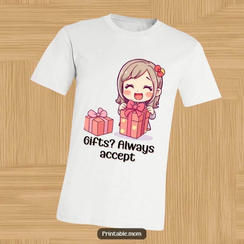 Funny t-shirt showcasing a mom character excitedly unwrapping a beautifully wrapped gift, radiating happiness and excitement, ideal for gifting.