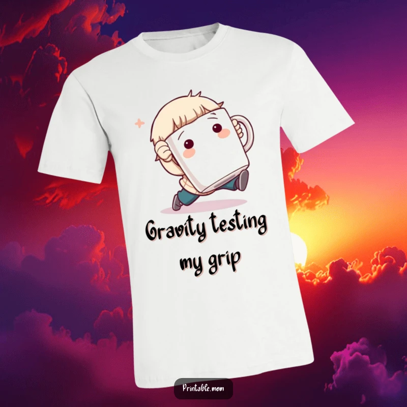 Funny T-Shirt: Character comically tripping while holding a giant coffee mug, a hilarious and relatable tee.