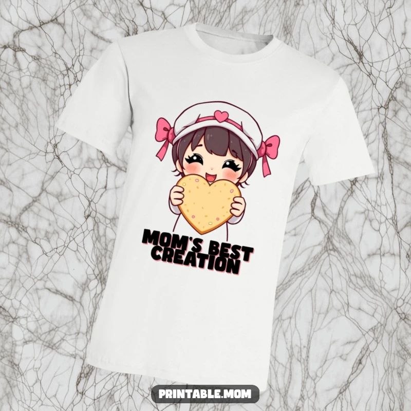 Funny t-shirt with a proud mom character presenting a perfectly baked heart-shaped cookie, conveying maternal pride and baking talent.