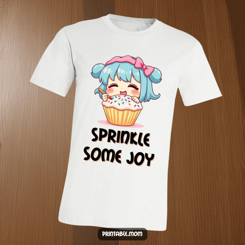 Funny T-Shirt: Character giggling while decorating a cupcake with sprinkles, a humorous and sweet tee for bakers.