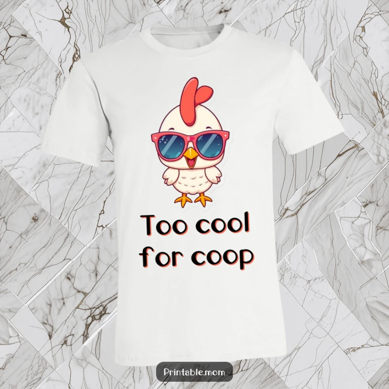 Funny cheerful chicken sporting oversized, glittering sunglasses, exuding cool confidence, ideal for a funny t-shirt