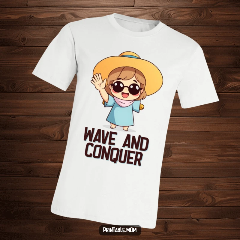 Funny T-shirt of a mom in a sun hat waving energetically, radiating warmth and a cheerful, outgoing personality.