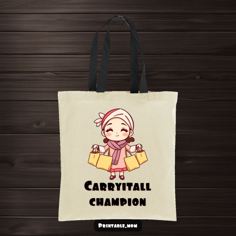 Funny mom tote bag showing a woman juggling grocery bags, a humorous and functional accessory for shoppers.