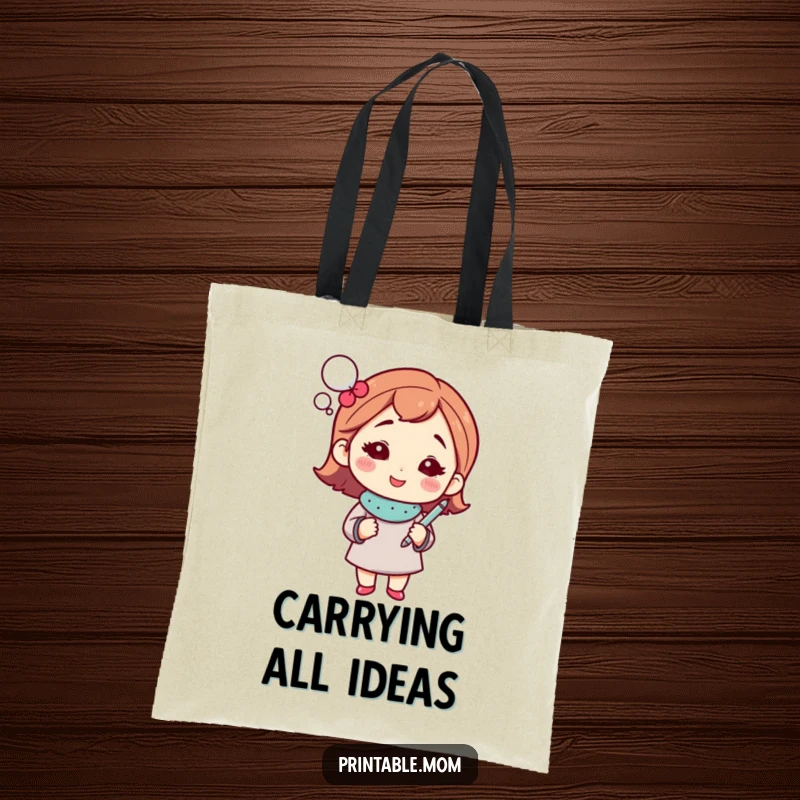 Funny mom tote bag with a sparkling thought bubble and pen, perfect for carrying genius ideas.