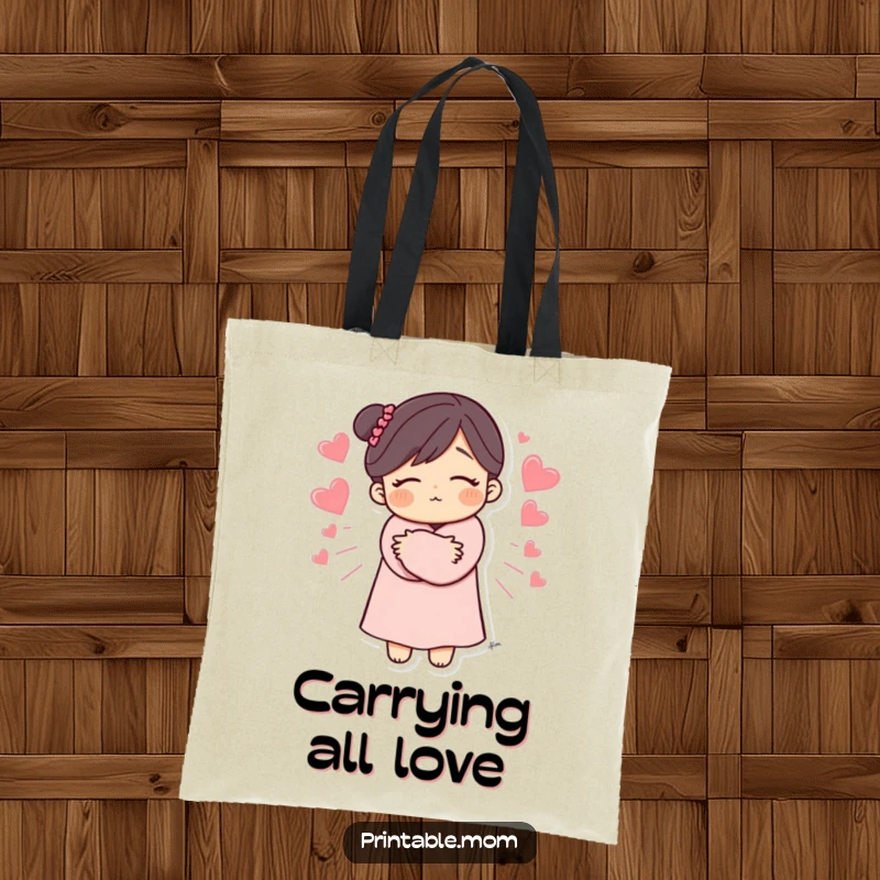 Funny Mom Tote Bag showcasing a mom's warm hug with hearts radiating, practical and loving, a great funny gift for busy moms.