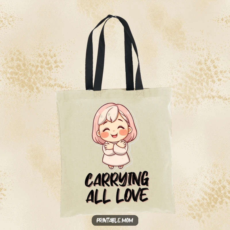 A funny mom character with a beaming smile offers a warm hug on a durable and stylish tote bag.