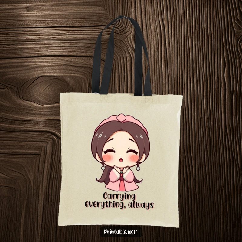 Funny tote bag with a mom character, rosy cheeks, blowing a kiss, a heartwarming and humorous accessory for everyday use.