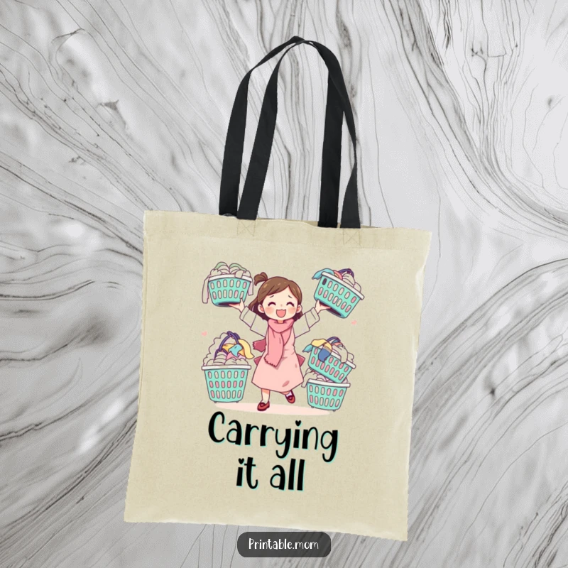 Funny tote bag showcasing a mom juggling overflowing laundry baskets, ideal for carrying everyday items with a humorous mom theme.