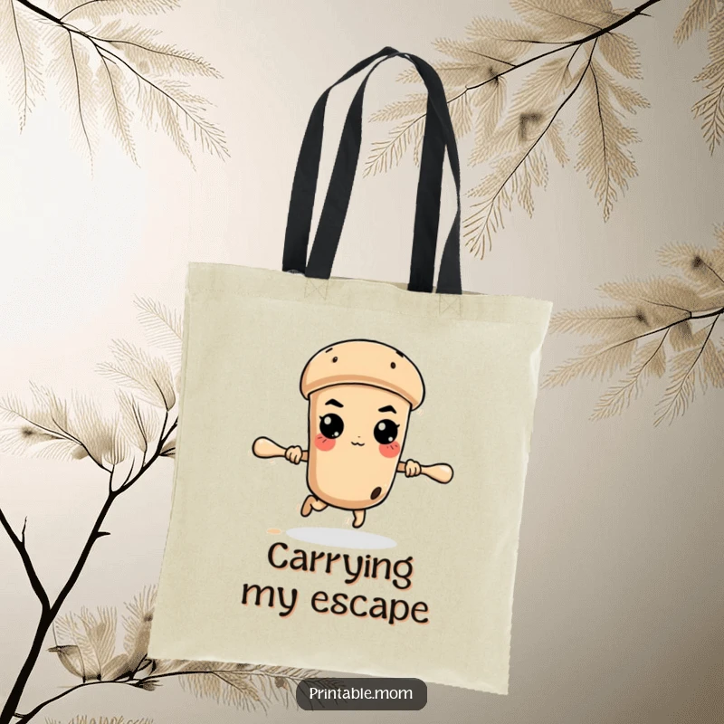 Funny determined rolling pin escaping the kitchen, on a durable and humorous tote bag for carrying baking supplies