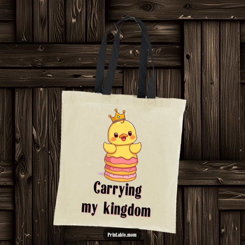 Funny tote bag depicting a surprised rubber ducky wearing a crown, balancing a precarious stack of donuts, ideal for shopping trips.