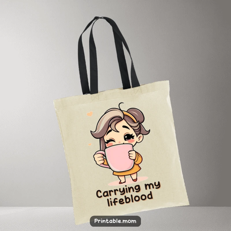Funny tote bag showing a mom with a huge grin holding an oversized coffee mug, celebrating her love for coffee.