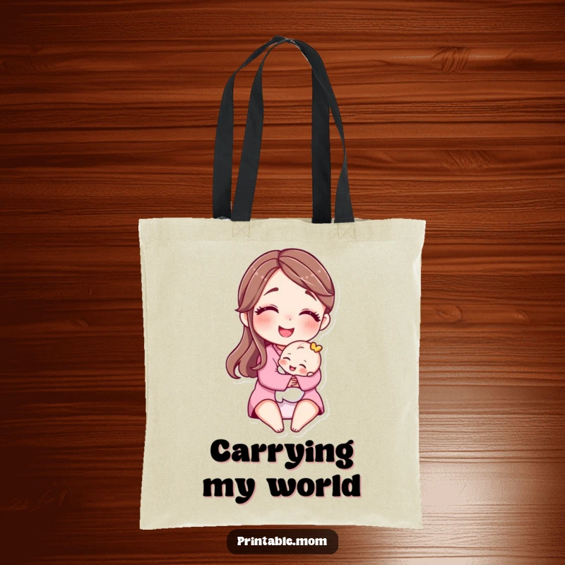 Funny tote bag with a motherly character smiling and hugging a tiny baby, perfect for carrying everyday items with love.