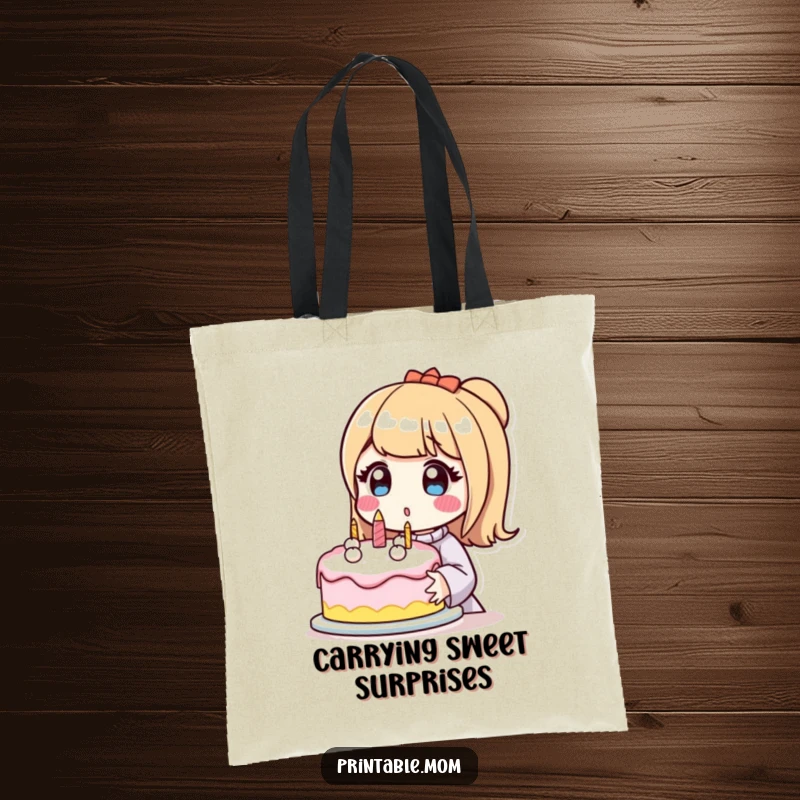 Funny tote bag with a surprised mom character holding a perfectly decorated cake, a humorous and practical accessory for bakers.