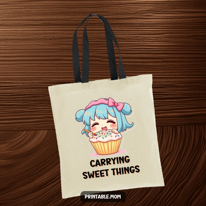 Funny Tote Bag: Character giggling while decorating a cupcake with sprinkles, a humorous and practical baking accessory.