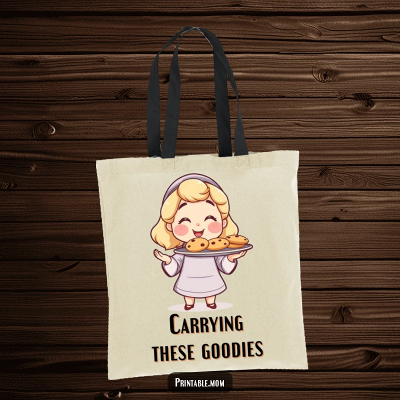 Funny Mom Tote Bag: Features a proud mom offering freshly baked cookies, a functional and funny gift.