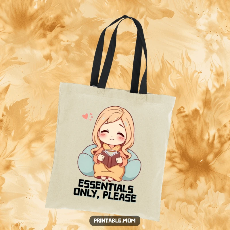 Funny tote bag featuring a mom character enjoying a peaceful sigh while reading a book accompanied by a warm cup of tea.
