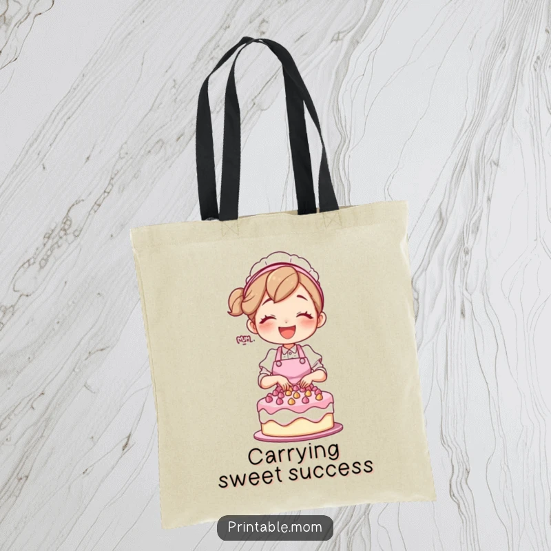 Funny mom character in an apron, joyfully decorating a cake, on a durable tote bag.