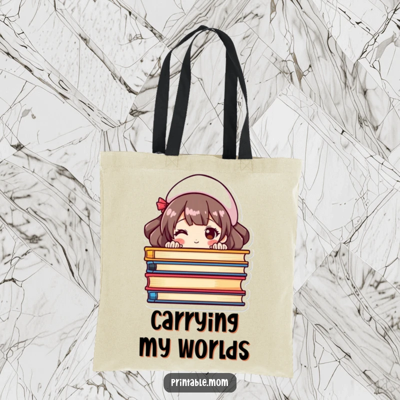 Funny tote bag showing a mom peeking from behind a colorful stack of books, ideal for carrying reading material.