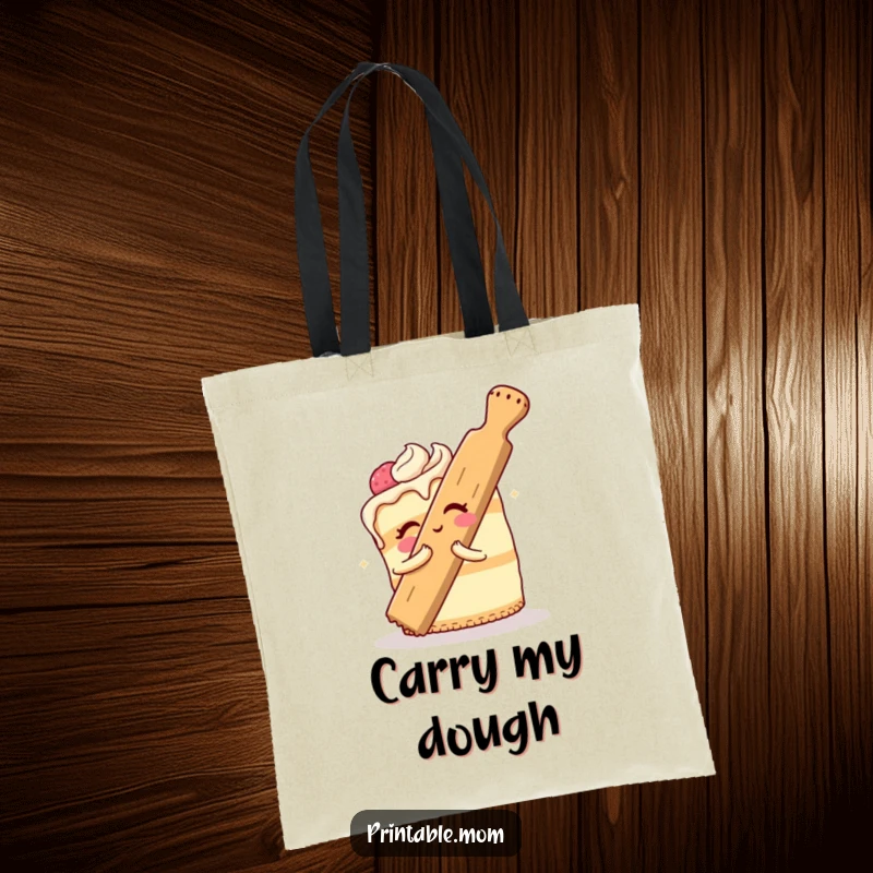 Funny Cake Tote Bag featuring a cheerful dessert comically hugging a giant rolling pin, a stylish and humorous baking accessory.