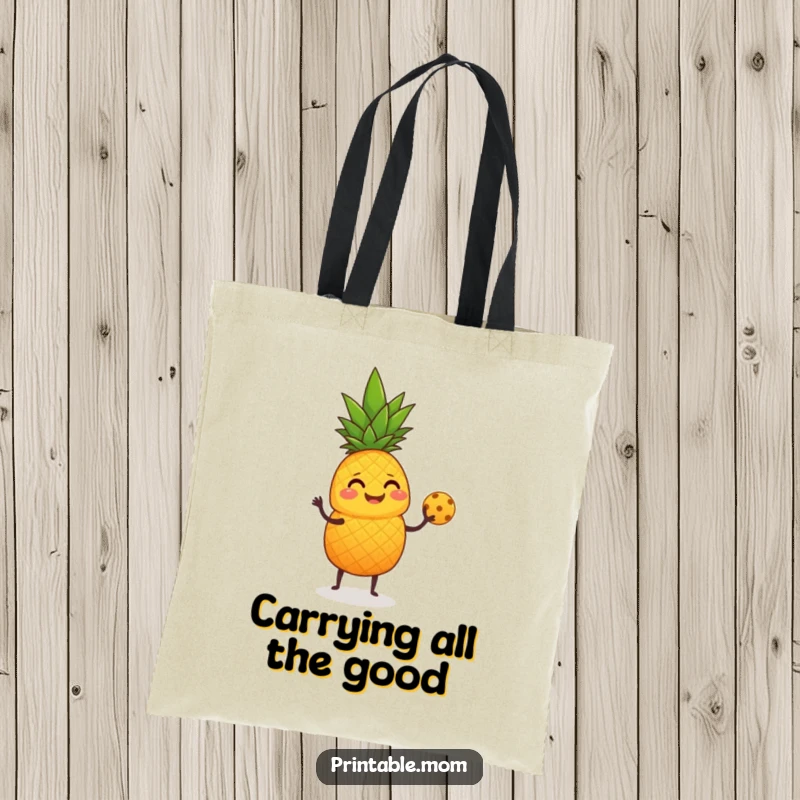 Funny Tote Bag of a giggling pineapple juggling small fruits with its leafy top.