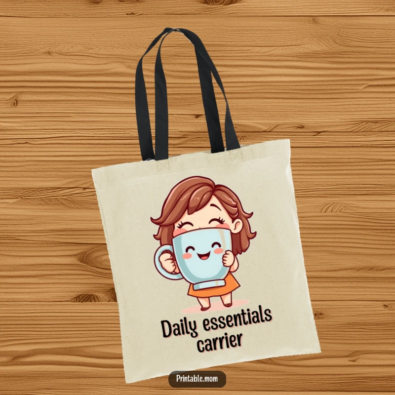Funny tote bag with a smiling mom holding a giant coffee mug, ideal for coffee lovers.
