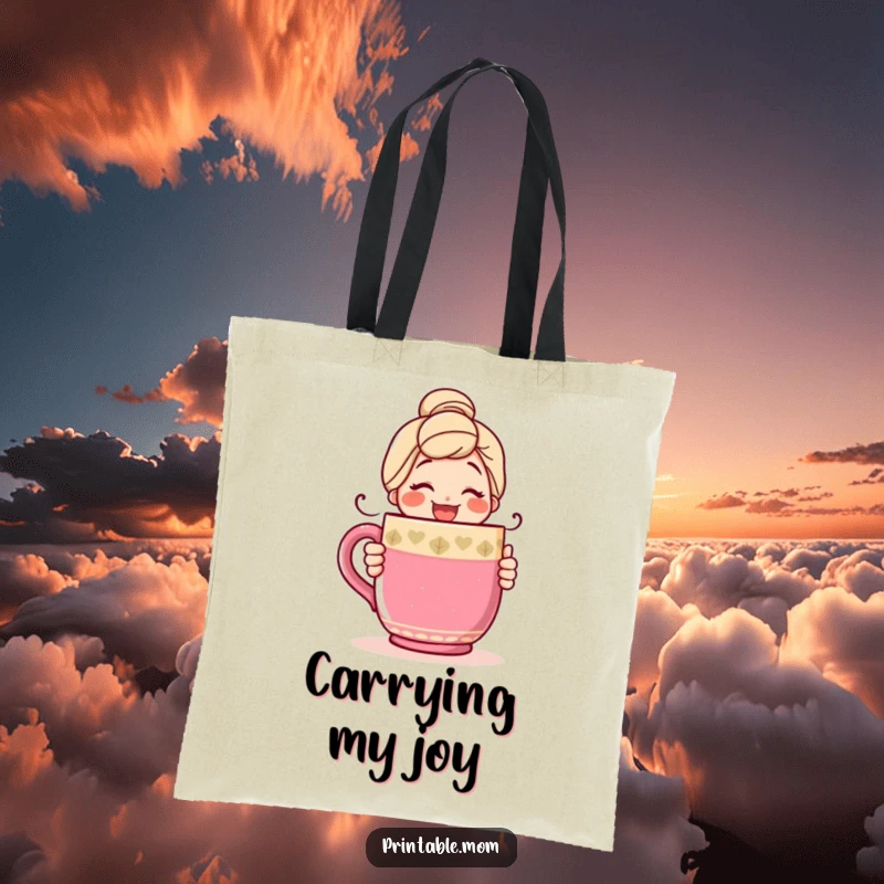 Funny tote bag featuring a happy mom with a warm smile, hugging a massive, colorful coffee mug, perfect for coffee lovers.