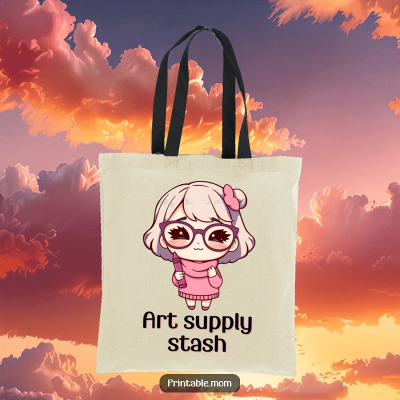Funny tote bag with a mom character with big glasses winking while holding a crayon, for art supplies.