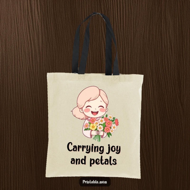 Funny tote bag showcasing a mom character laughing heartily while holding a bouquet of flowers, perfect for carrying essentials with joy.
