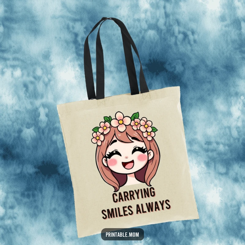 Funny tote bag featuring a mom with a flower crown giggling, perfect for carrying essentials with floral charm.