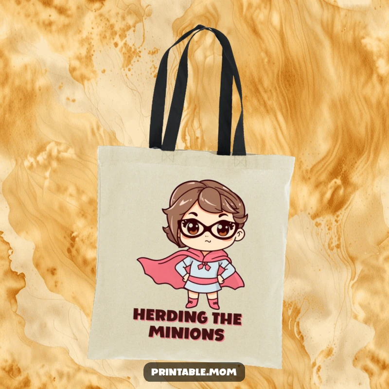 Funny mom tote bag with a determined mom wearing a superhero cape, perfect for carrying essentials with power.