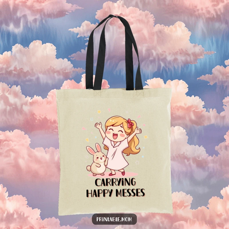Funny tote bag featuring a mom dancing with a dust bunny, perfect for carrying daily items with a smile.