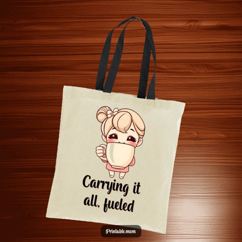 Funny tote bag showcasing a beaming mom character with a giant coffee mug, ideal for carrying daily necessities with a smile.