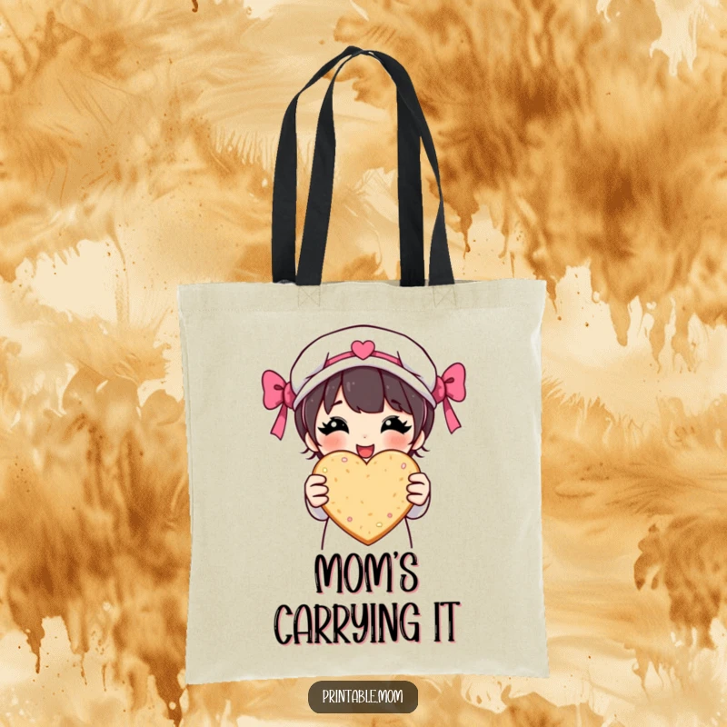 Funny tote bag featuring a proud mom character presenting a heart-shaped cookie, ideal for carrying groceries or baking supplies.