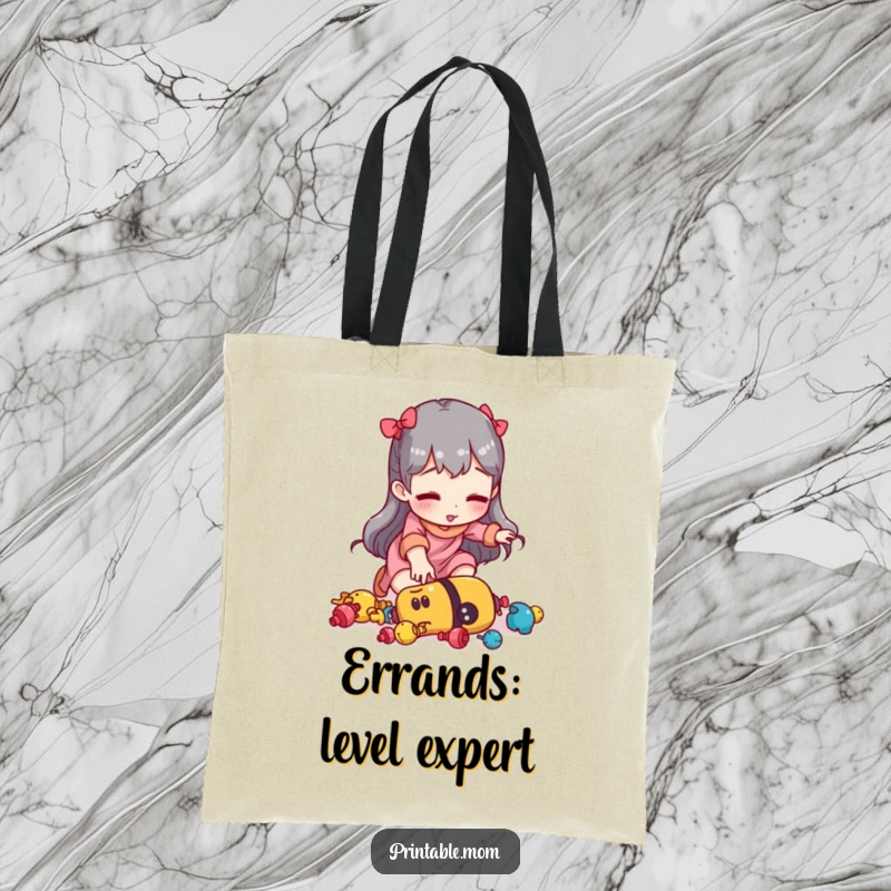 Funny mom tote bag showing a woman tripping over scattered toys, a humorous and practical accessory for parents.