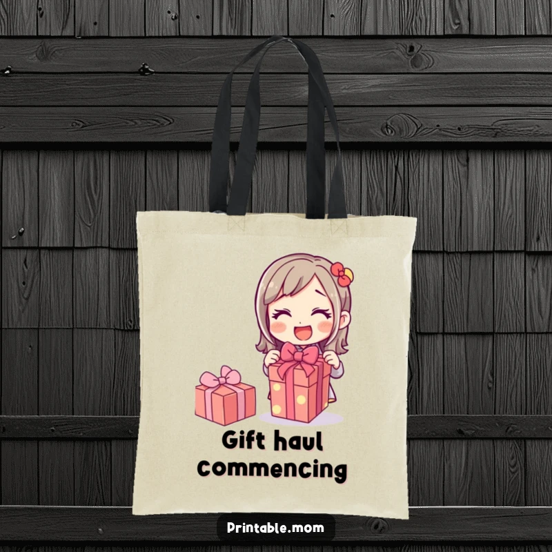 Funny tote bag featuring a mom character excitedly unwrapping a gift, symbolizing joy and anticipation, a practical and humorous accessory.