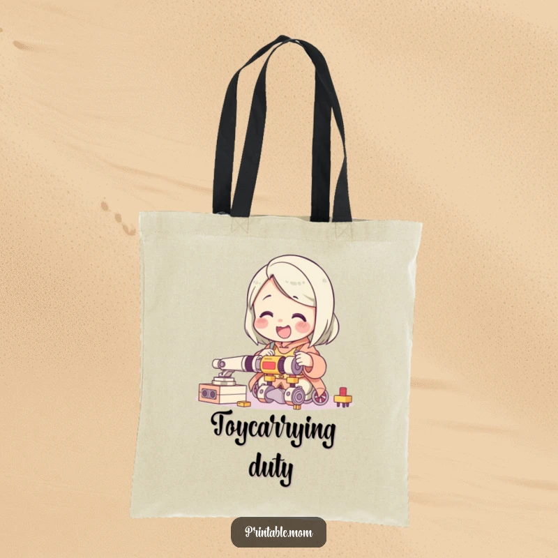 Funny tote bag with a giggling mom character delightedly assembling a complicated toy, perfect for carrying mom essentials with humor.