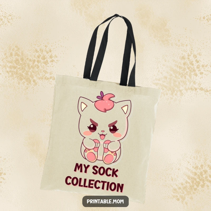 Funny tote bag depicting a mischievous character slyly hiding a bundle of small socks, ideal for carrying items with humor.