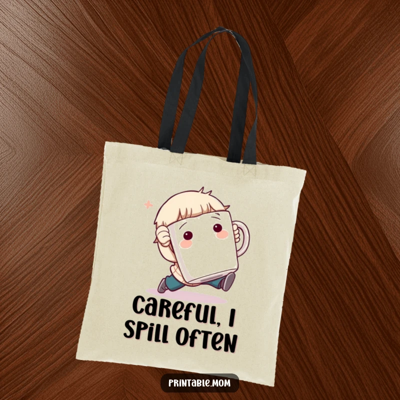 Funny Tote Bag: Character comically tripping while holding a giant coffee mug, a humorous and practical accessory.