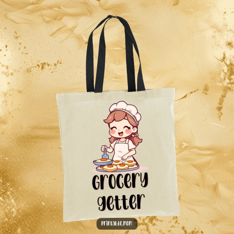 Funny tote bag with a cheerful mom in an apron flipping pancakes, ideal for grocery shopping.
