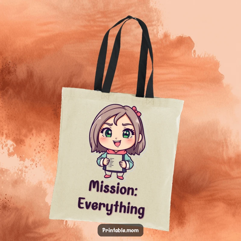 Funny Mom Tote Bag with a determined character ready to tackle a to-do list, perfect for organization and as a funny gift.