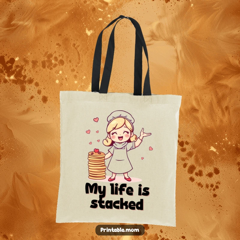 Funny tote bag with a cheerful, bubbly mom character energetically balancing a stack of pancakes, ready for any adventure.