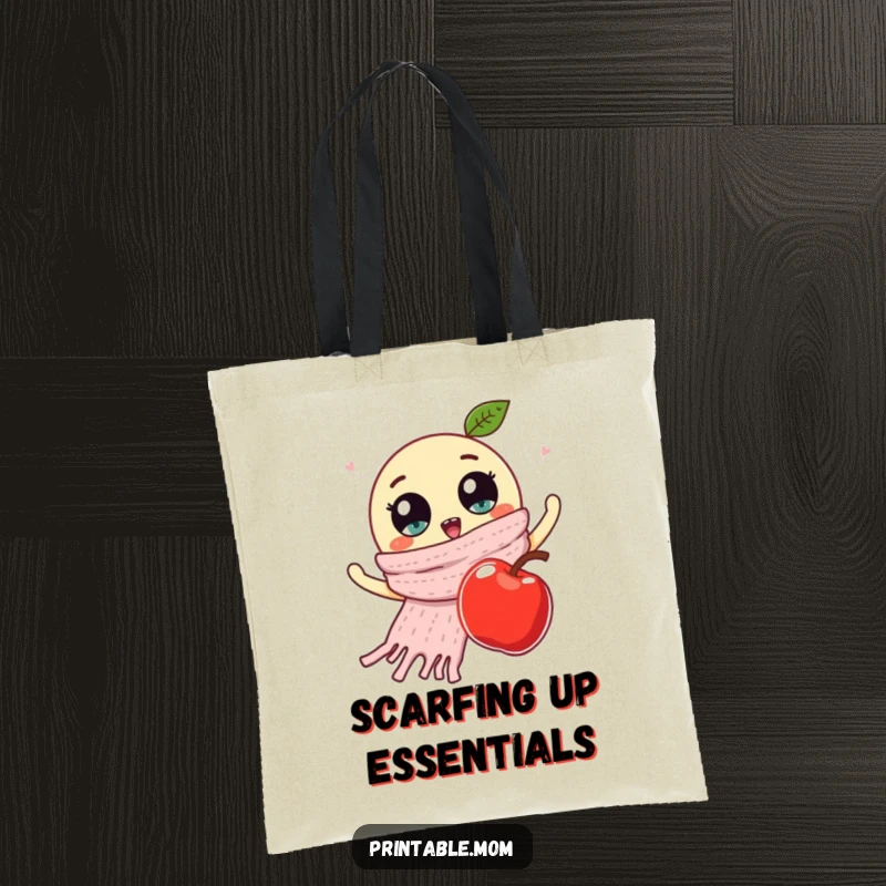 Funny tote bag showing a knitted scarf with googly eyes waving goodbye to a falling apple, adding quirky charm to errands.